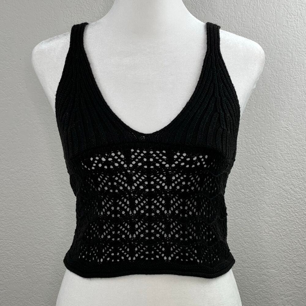 Forever 21 Black Pointelle Ribbed Open Knit Crop Tank Top XS Coquette Y2K